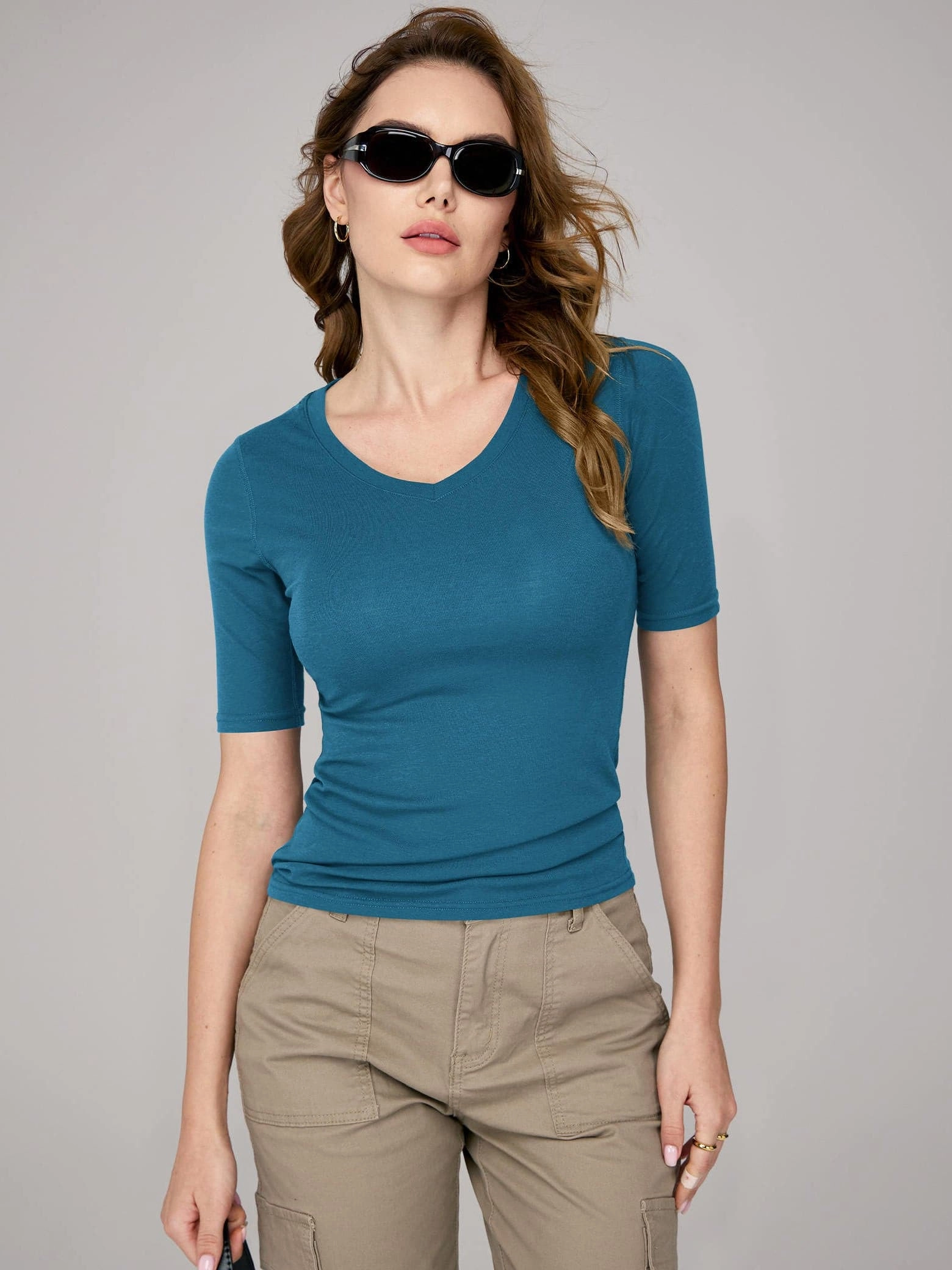 Amoretu Women's V Neck Ribbed Fitted Tunic Tops Performance Work Boots