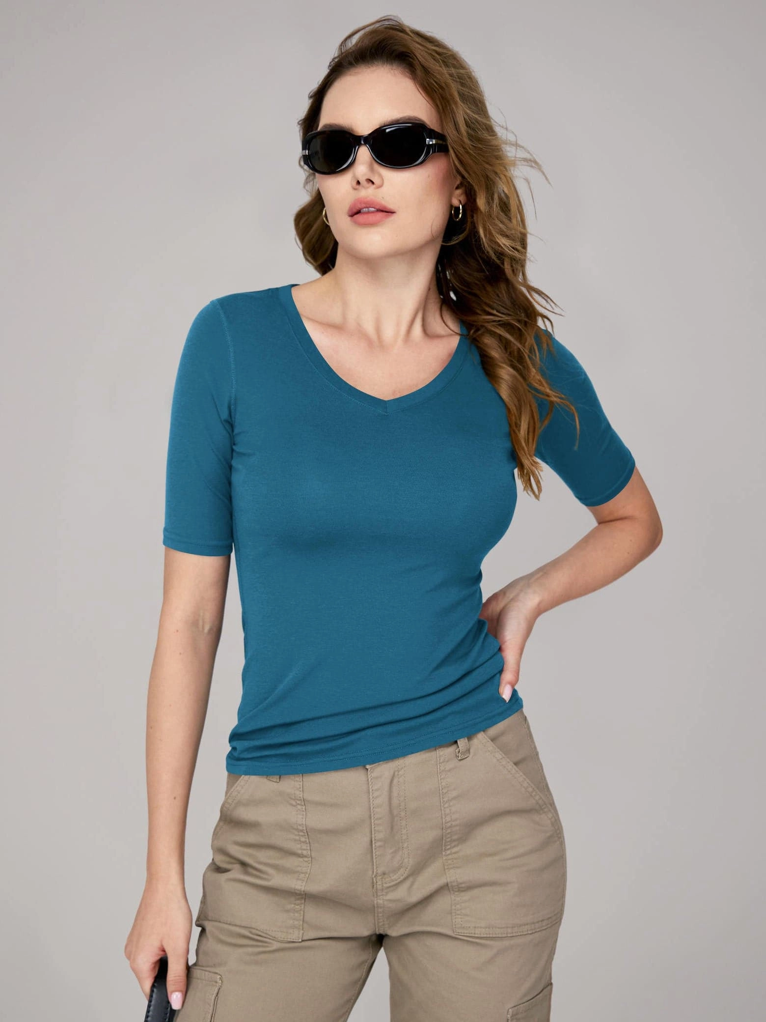 Amoretu Women's V Neck Ribbed Fitted Tunic Tops 1000 Gram Work Boots