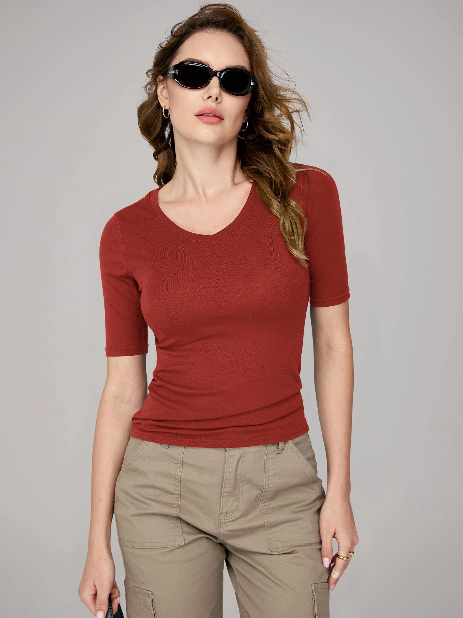 Vintage Work Boots Amoretu Women's V Neck Ribbed Fitted Tunic Tops