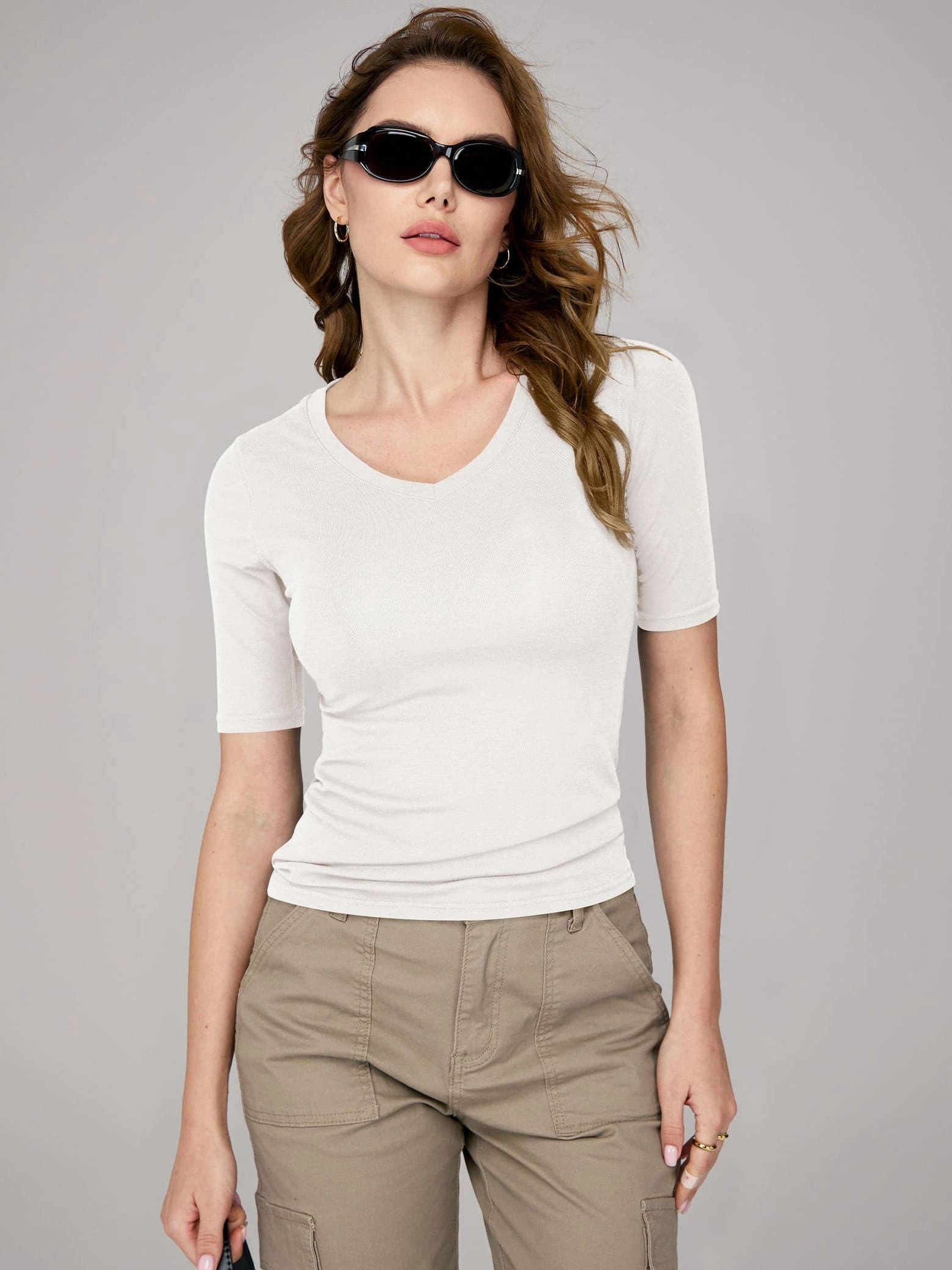 Amoretu Women's V Neck Ribbed Fitted Tunic Tops 6 Vs 8 Work Boots