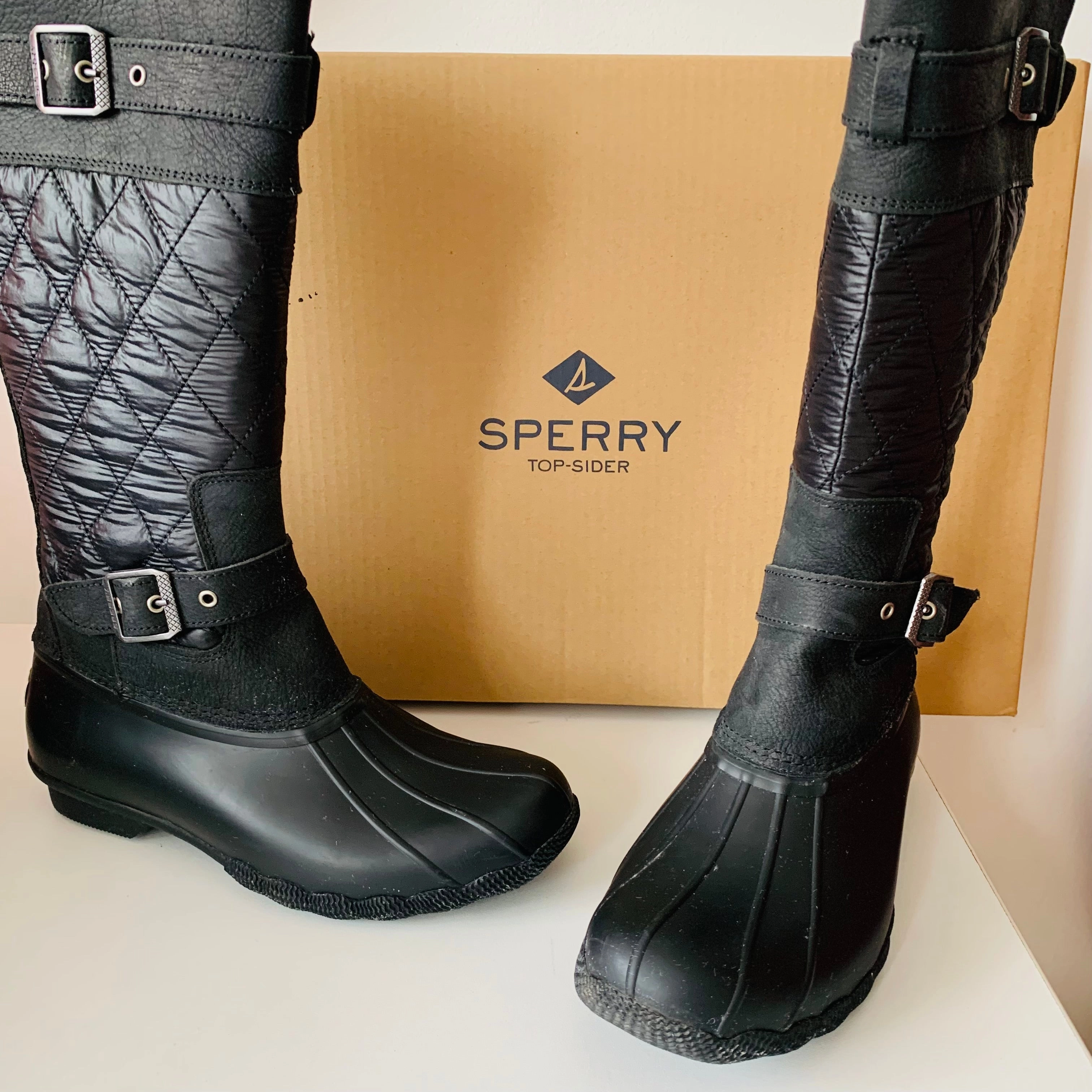 Adidas Shoes Spezial Sperry Saltwater Quilted Tall Nylon Rubber Duck Black Womens Boots Size 9