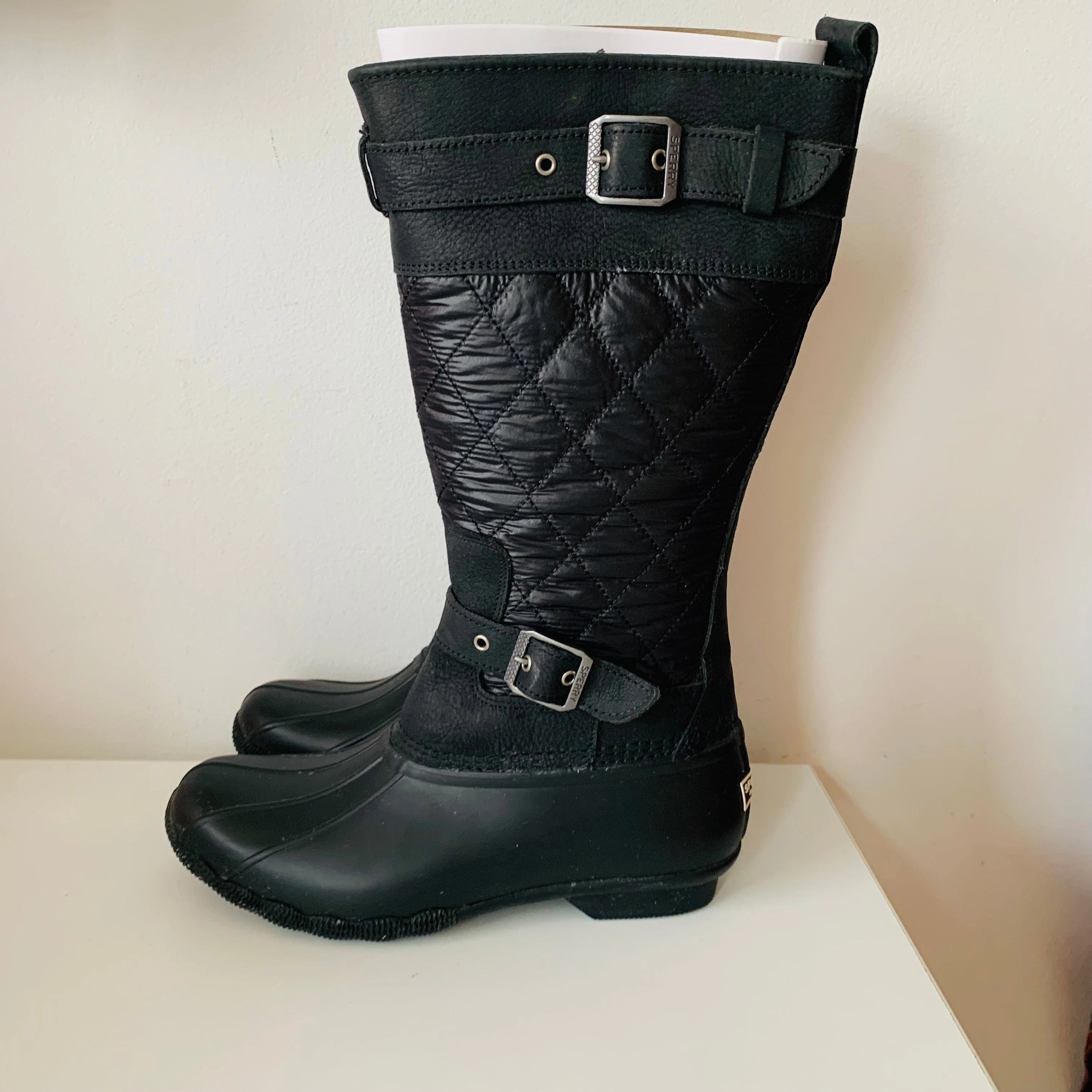 Adidas Dna Shoes Sperry Saltwater Quilted Tall Nylon Rubber Duck Black Womens Boots Size 9