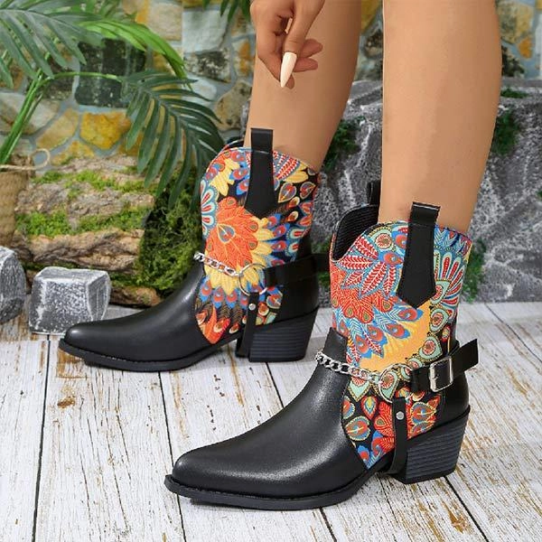 Women's Flower Applique Colorblock Metallic Chain Western Cowboy Boots 83374676C Adidas Anime Shoes