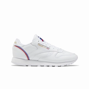 REEBOK EG5975 CL LTHR WMN'S (Medium) White/Red/Blue Leather Lifestyle Shoes Chic Design Stitched Detailing