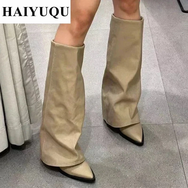 Jojo Maman Snow Boots Knee High Heels Women Boots Leather Chunky Fashion Shoes Pointed Toe Snow Long Boots New Designer Pumps Punk Chelsea Botas Mujer