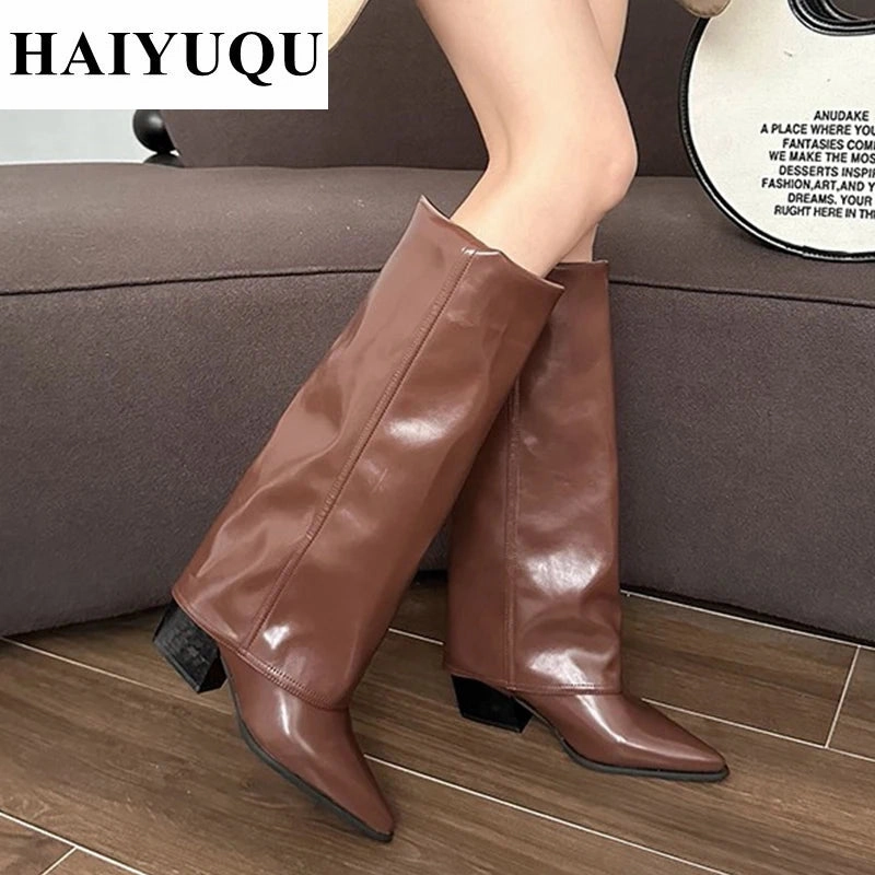 Knee High Heels Women Boots Leather Chunky Fashion Shoes Pointed Toe Snow Long Boots New Designer Pumps Punk Chelsea Botas Mujer Ice Grip Snow Boots
