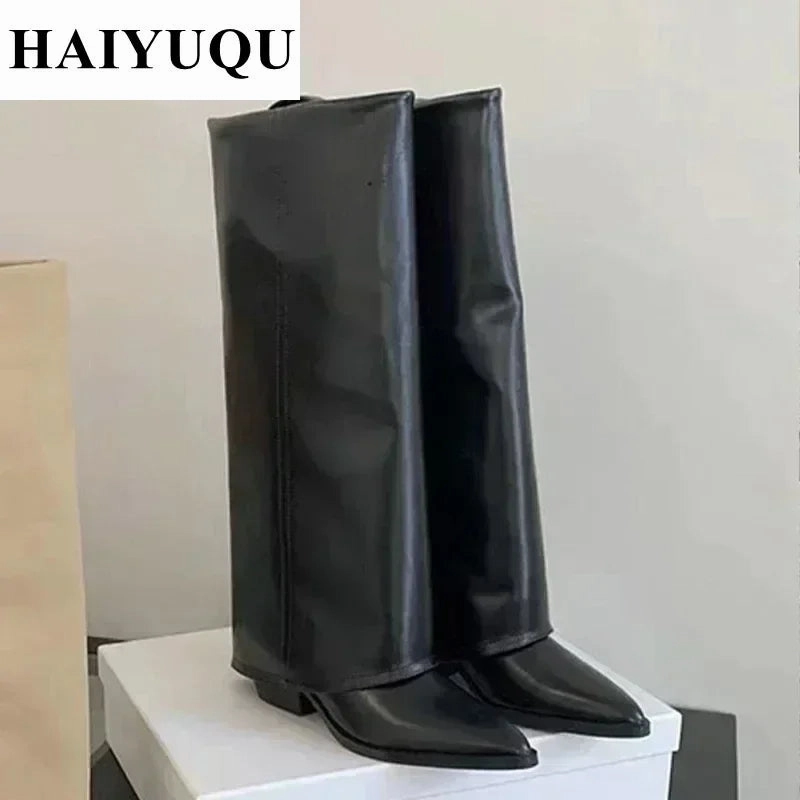 Knee High Heels Women Boots Leather Chunky Fashion Shoes Pointed Toe Snow Long Boots New Designer Pumps Punk Chelsea Botas Mujer Best Snow Hiking Boots