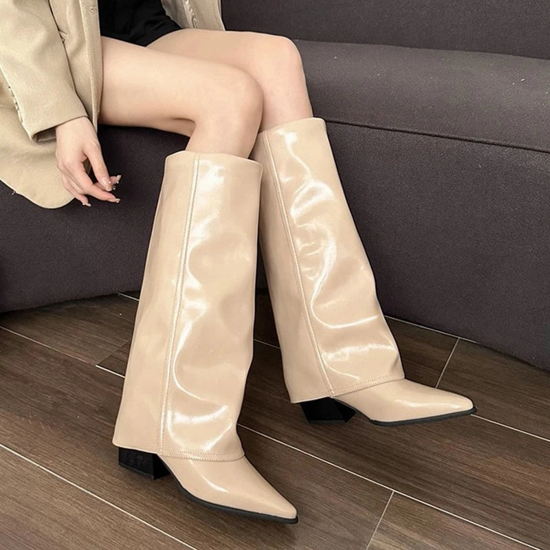Knee High Heels Women Boots Leather Chunky Fashion Shoes Pointed Toe Snow Long Boots New Designer Pumps Punk Chelsea Botas Mujer Chooka Snow Boots Costco