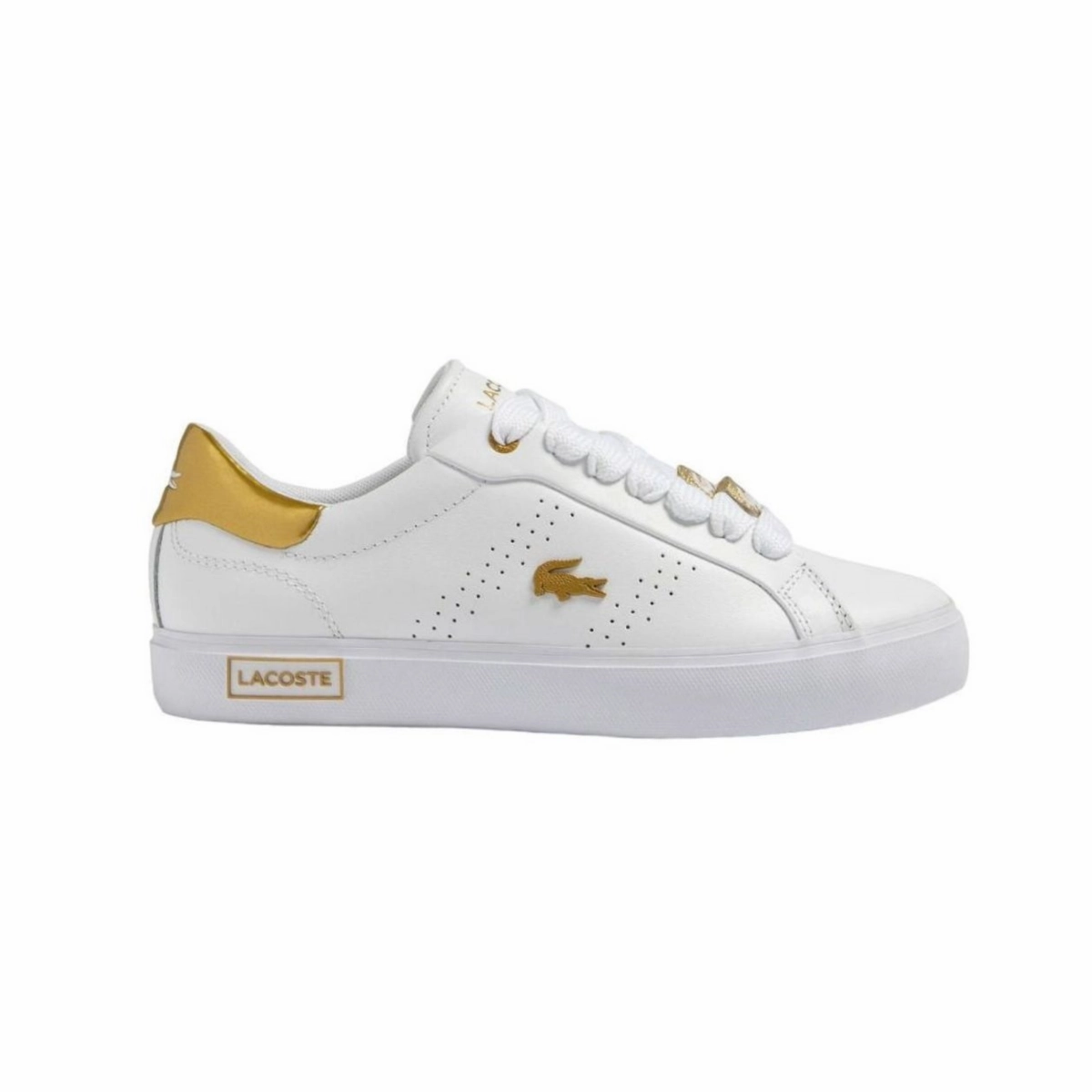 LACOSTE 7-45SFA0034216 POWERCOURT 2.0 WMN'S (Medium) White/Gold Leather & Synthetic Lifestyle Shoes Street Fit