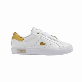 LACOSTE 7-45SFA0034216 POWERCOURT 2.0 WMN'S (Medium) White/Gold Leather & Synthetic Lifestyle Shoes Street Fit