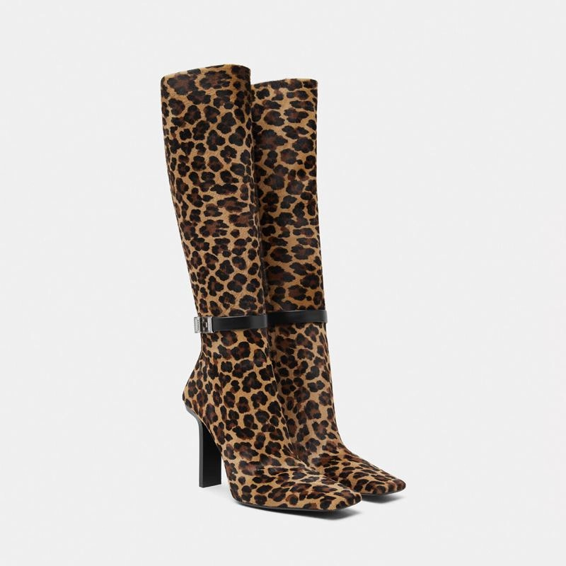 Adidas Shoe Inserts Thick Heel Square Toe Buckle Detail Side Zip Leopard Print Boots