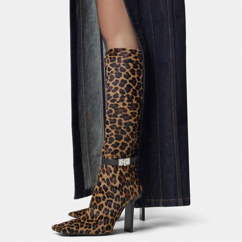 Adidas Retrocross Golf Shoe Thick Heel Square Toe Buckle Detail Side Zip Leopard Print Boots