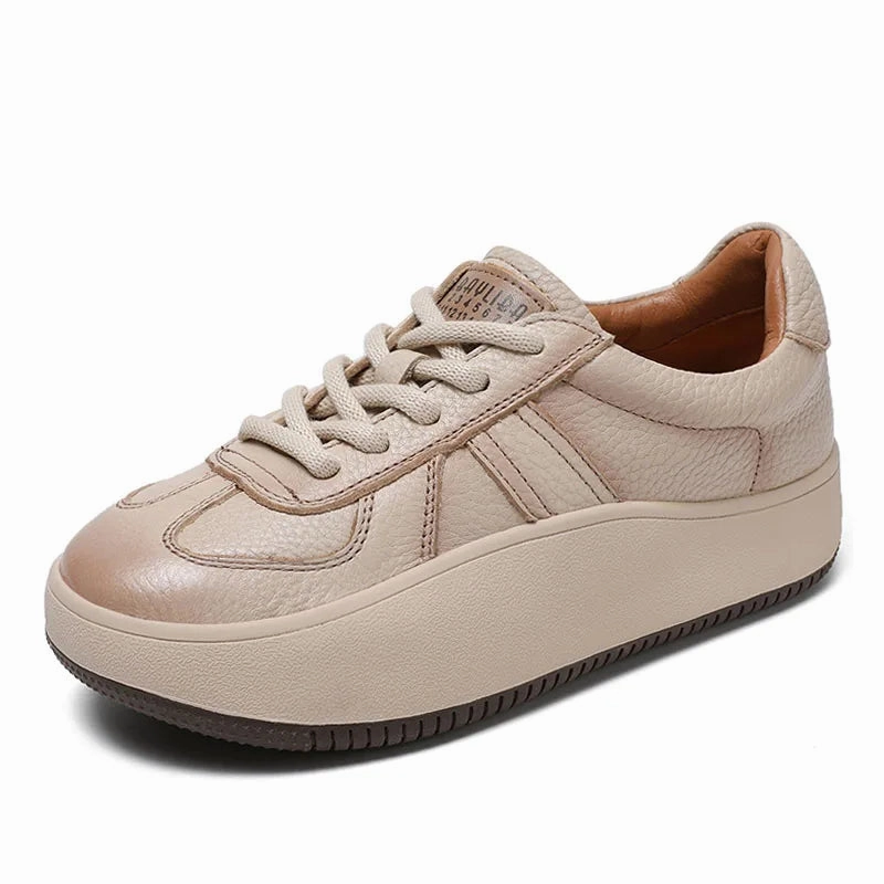 Shoes Leather Flats Women's shoes, Comfort Genuine Leather Lace-Up Casual Sneakers, Low Top Flat Platform Shoes