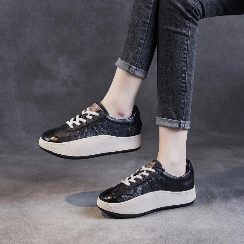 Women's shoes, Comfort Genuine Leather Lace-Up Casual Sneakers, Low Top Flat Platform Shoes Comfortable Stylish Flat Shoes