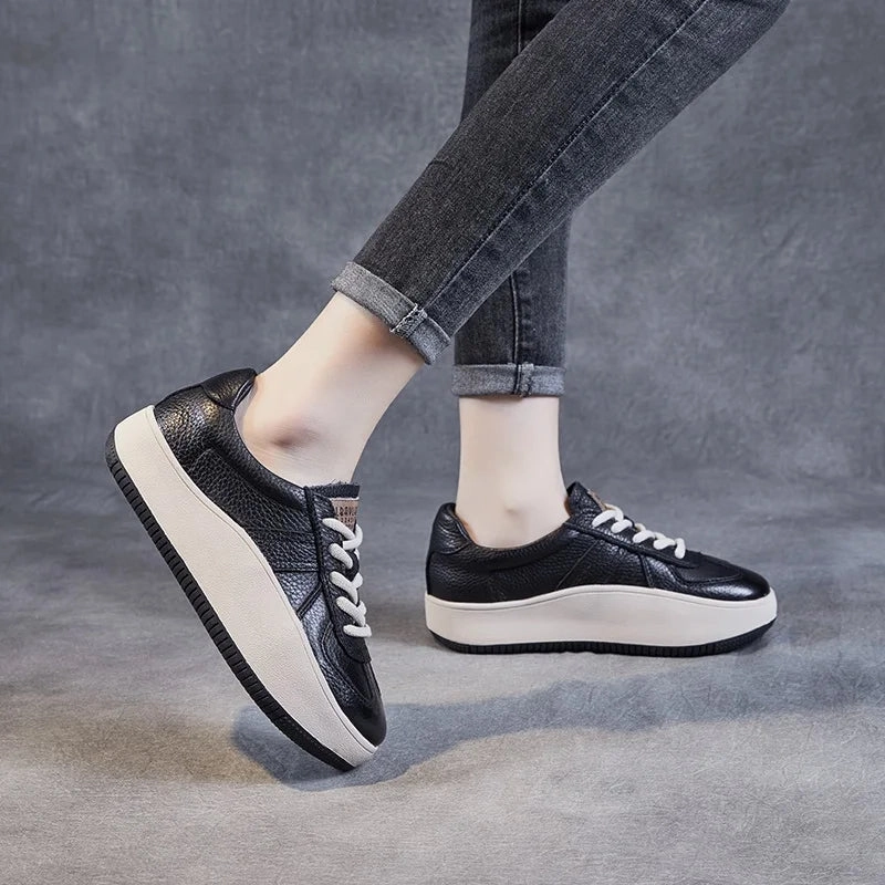 Women's shoes, Comfort Genuine Leather Lace-Up Casual Sneakers, Low Top Flat Platform Shoes Mary Jane Flat Shoes