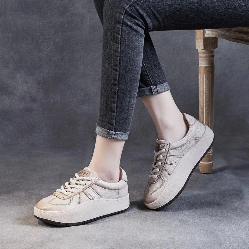 Flat Low Heel Shoes Women's shoes, Comfort Genuine Leather Lace-Up Casual Sneakers, Low Top Flat Platform Shoes