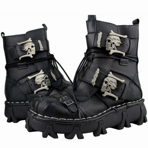 Pro Series Work Boots Men's Cowhide Genuine Leather Work Boots Military Combat Boots Gothic Skull Punk Motorcycle Martin Boots