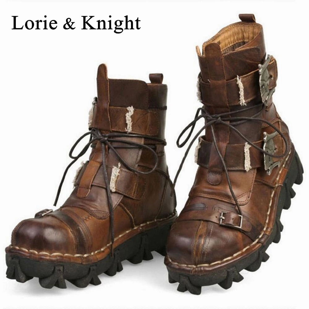 Big 5 Boots Work Men's Cowhide Genuine Leather Work Boots Military Combat Boots Gothic Skull Punk Motorcycle Martin Boots