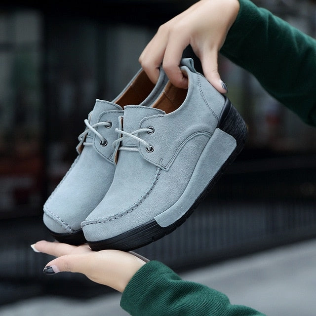 Bronze Flat Shoes 2019 Spring women oxford shoes flats shoes women leather suede Platform Autumn casual boat shoes flats Wedges ladies footwear