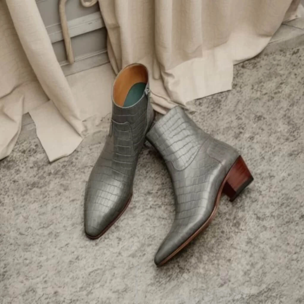 Grey Croco Print Leather Fiorina Slip On Zipper Pointed Boots for Men  AW25 Asics Athletic Shoe