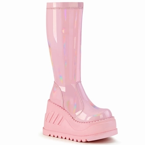 Cow Print Adidas Shoes STOMP-200 DemoniaCult Baby Pink Hologram Sexy Women's Mid-Calf & Knee High Boots (Alternative Footwear)