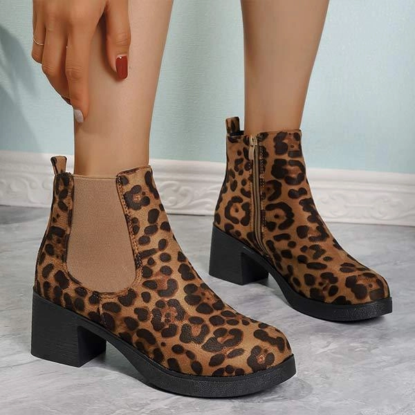 Women's Leopard Print Round Toe Block Heel Ankle Boots 17569337C Golf Galaxy Adidas Golf Shoes