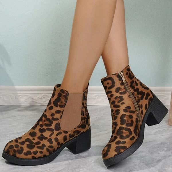 Most Expensive Shoes Adidas Women's Leopard Print Round Toe Block Heel Ankle Boots 17569337C