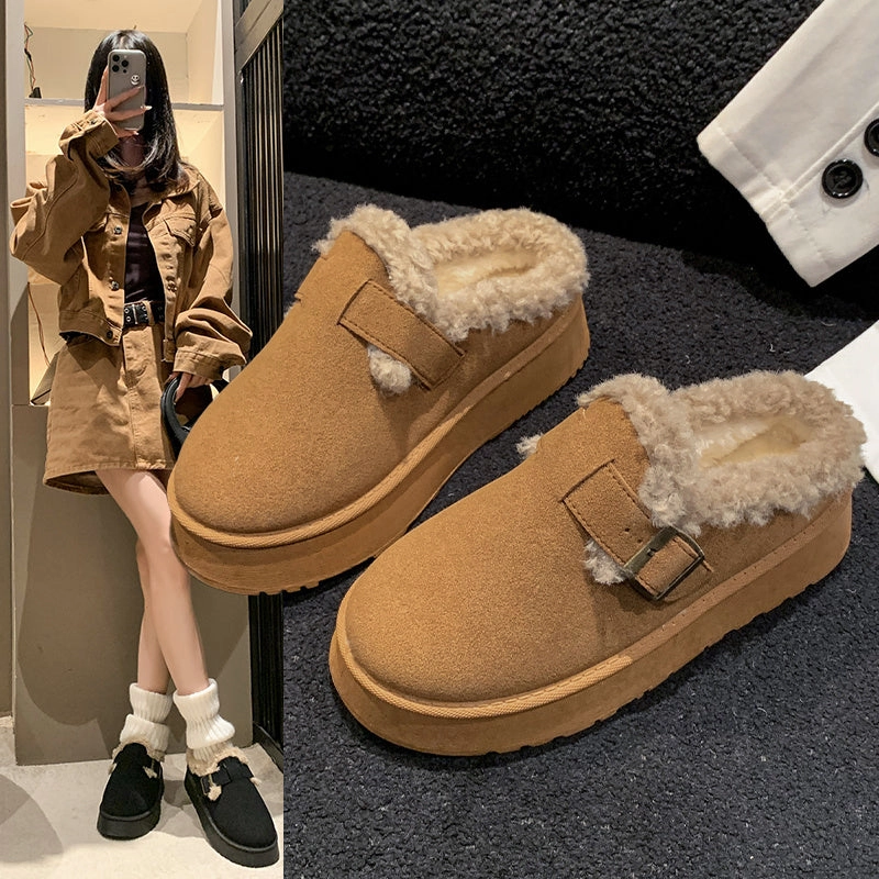 New Luxury Winter Women's Shoes Plush Fashion Retro Bean Shoes Cotton Women's Flat Sole Slippers Platform Women Boots Best Warehouse Shoes For Flat Feet
