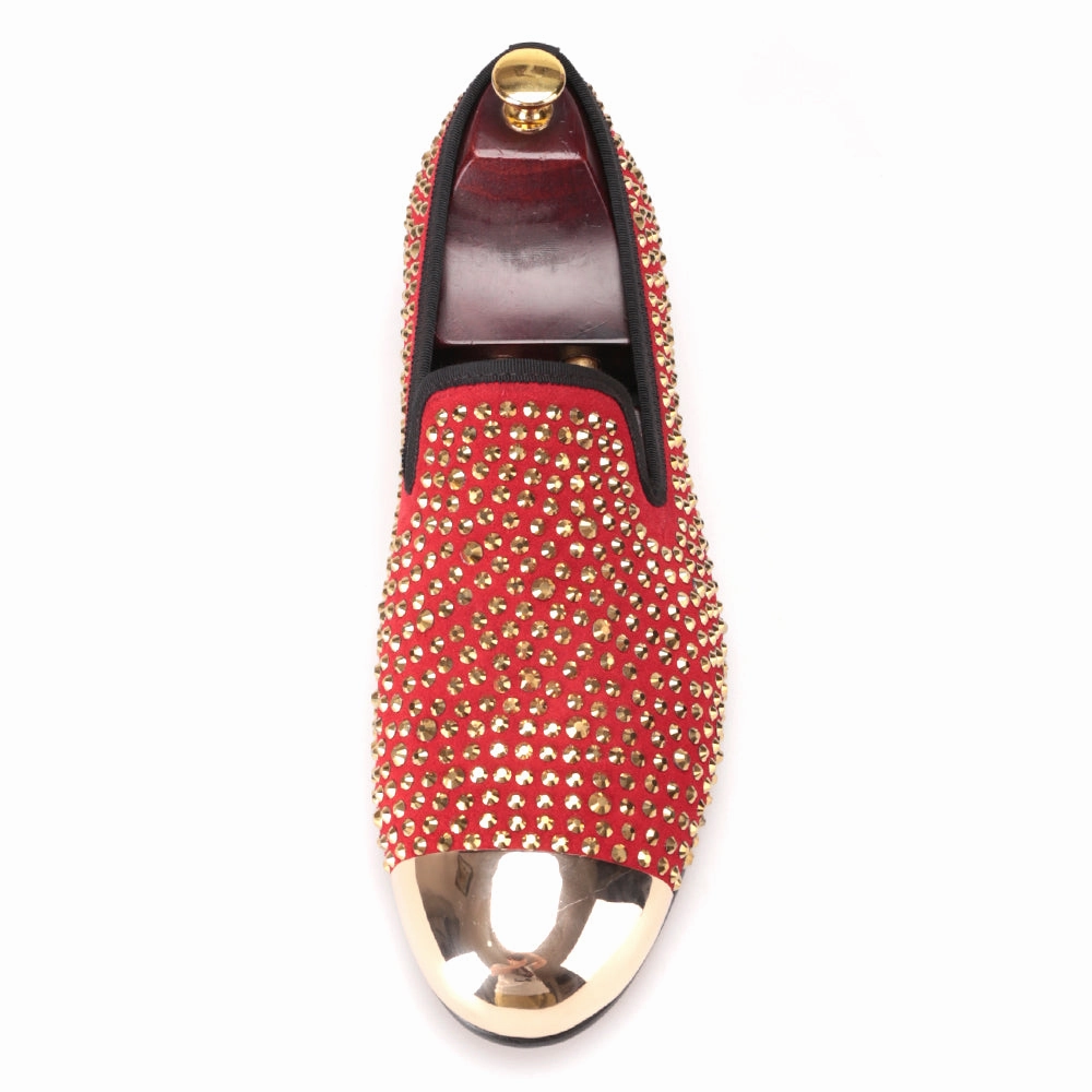 Crocs Shoes Loafers OneDrop Handmade Red Suede Men Dress Shoes Gold Rhinestone Gold Toe Metal Wedding Party Prom Loafers