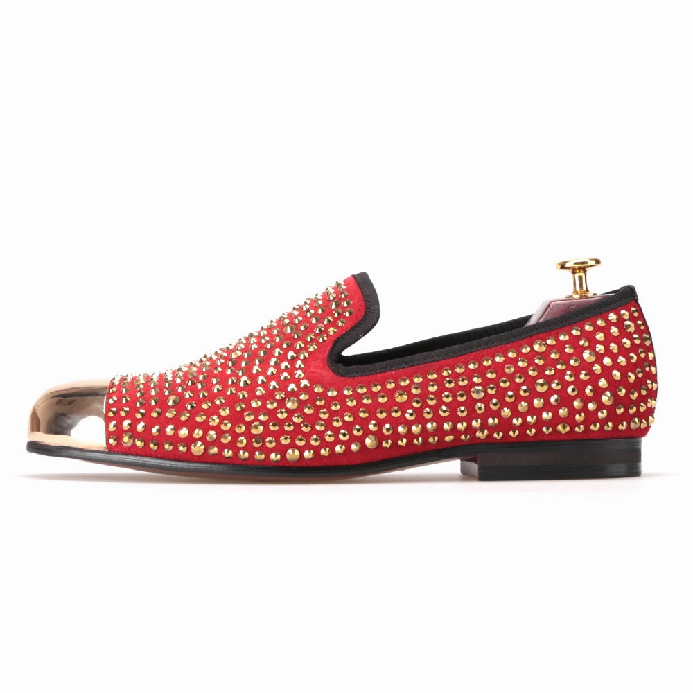 OneDrop Handmade Red Suede Men Dress Shoes Gold Rhinestone Gold Toe Metal Wedding Party Prom Loafers Snaffle Pebble Grain Leather Kiltie Loafers