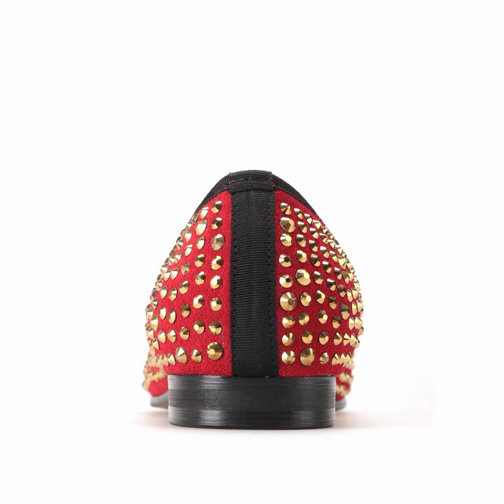 OneDrop Handmade Red Suede Men Dress Shoes Gold Rhinestone Gold Toe Metal Wedding Party Prom Loafers Loafers Suede