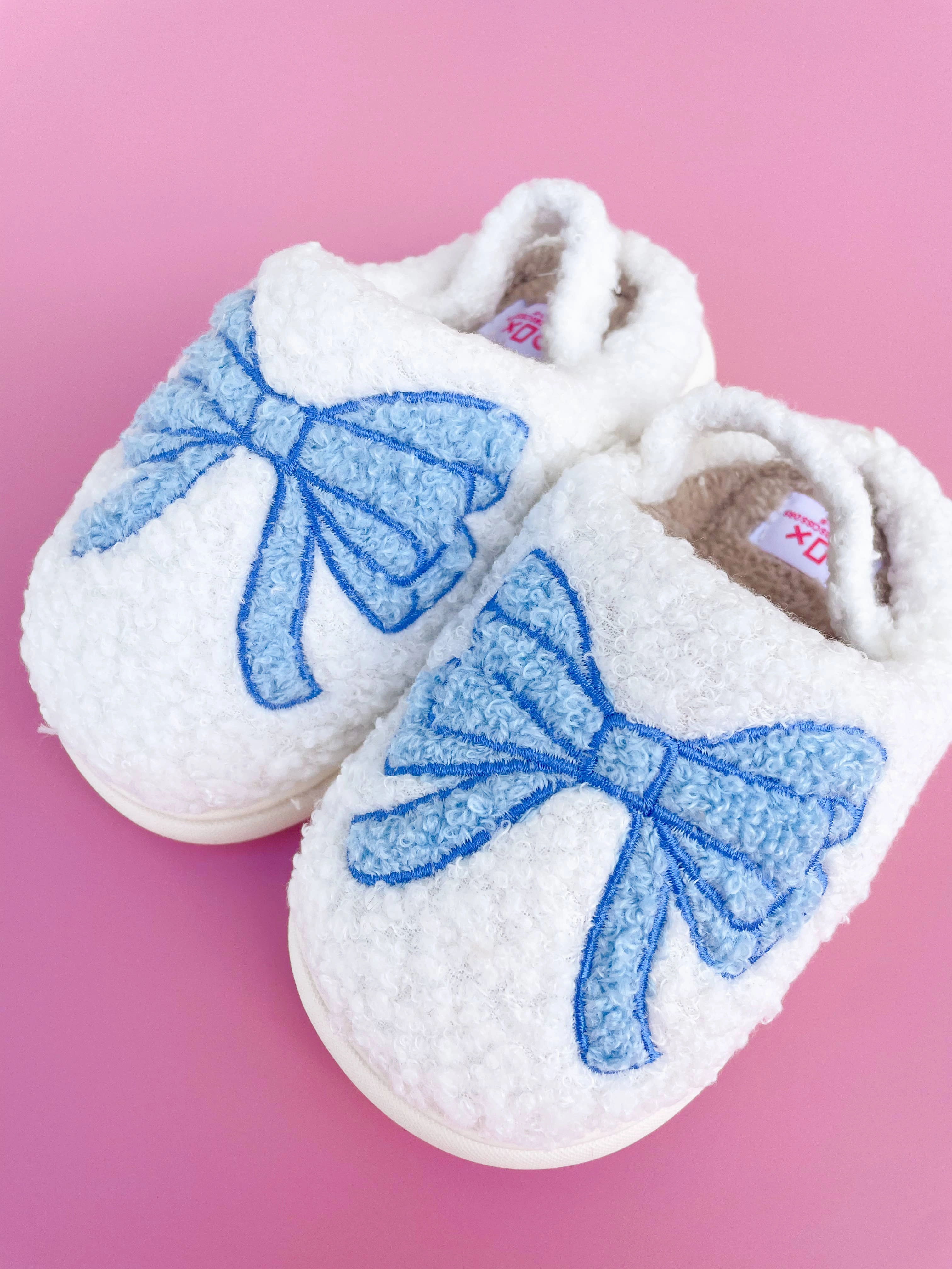 Rock Paper Scissors - Toddler/Kids Blue Bow Slippers: Large Slide Loafers