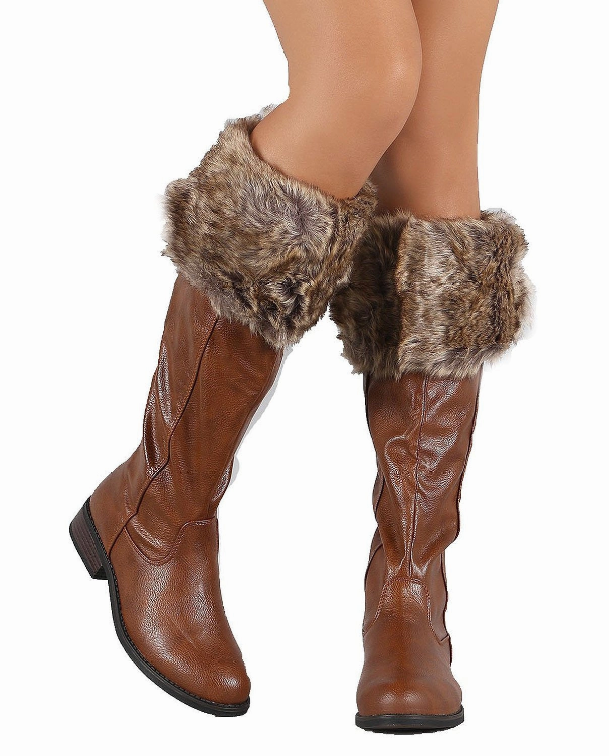 Hatley Rain Boot Brown Faux Fur Cuff Round Toe Riding Knee High Vegan Boots