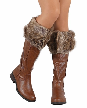 Brown Faux Fur Cuff Round Toe Riding Knee High Vegan Boots Rain Boots With Fur