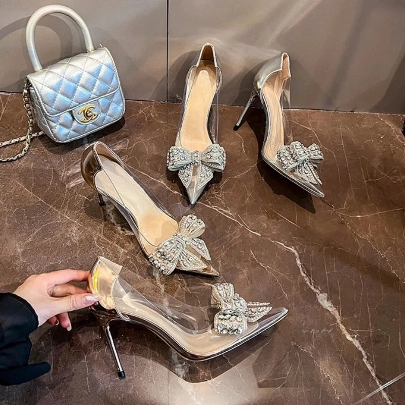 Artisan Sandals Summer Pointed Crystal Fairy Ladies Wind Sandals Rhinestone Butterfly-knot Transparent High Heel Women Sandals Fashion Shoes