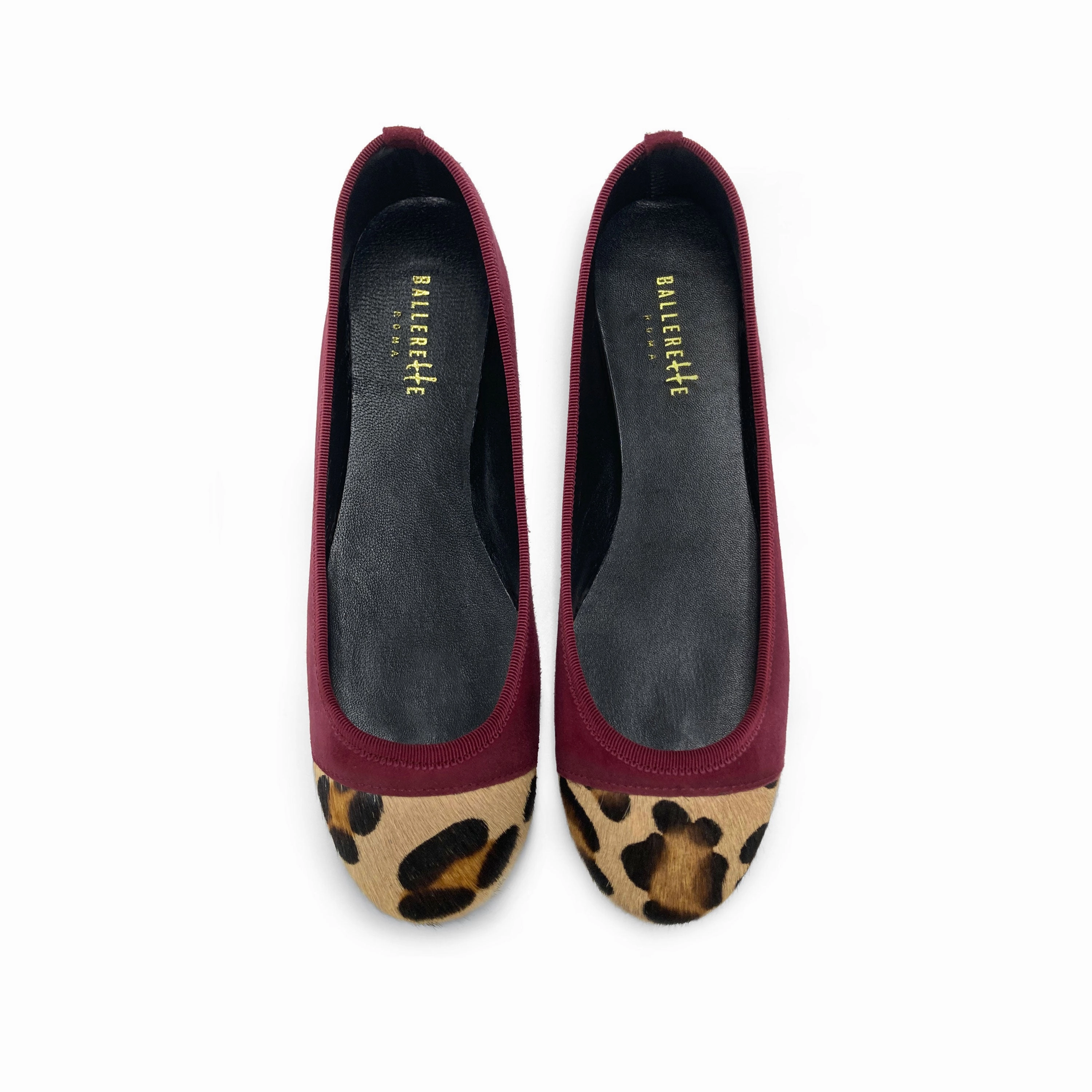 Burgundy suede ballet flats with animal print toe Football Flat Shoes
