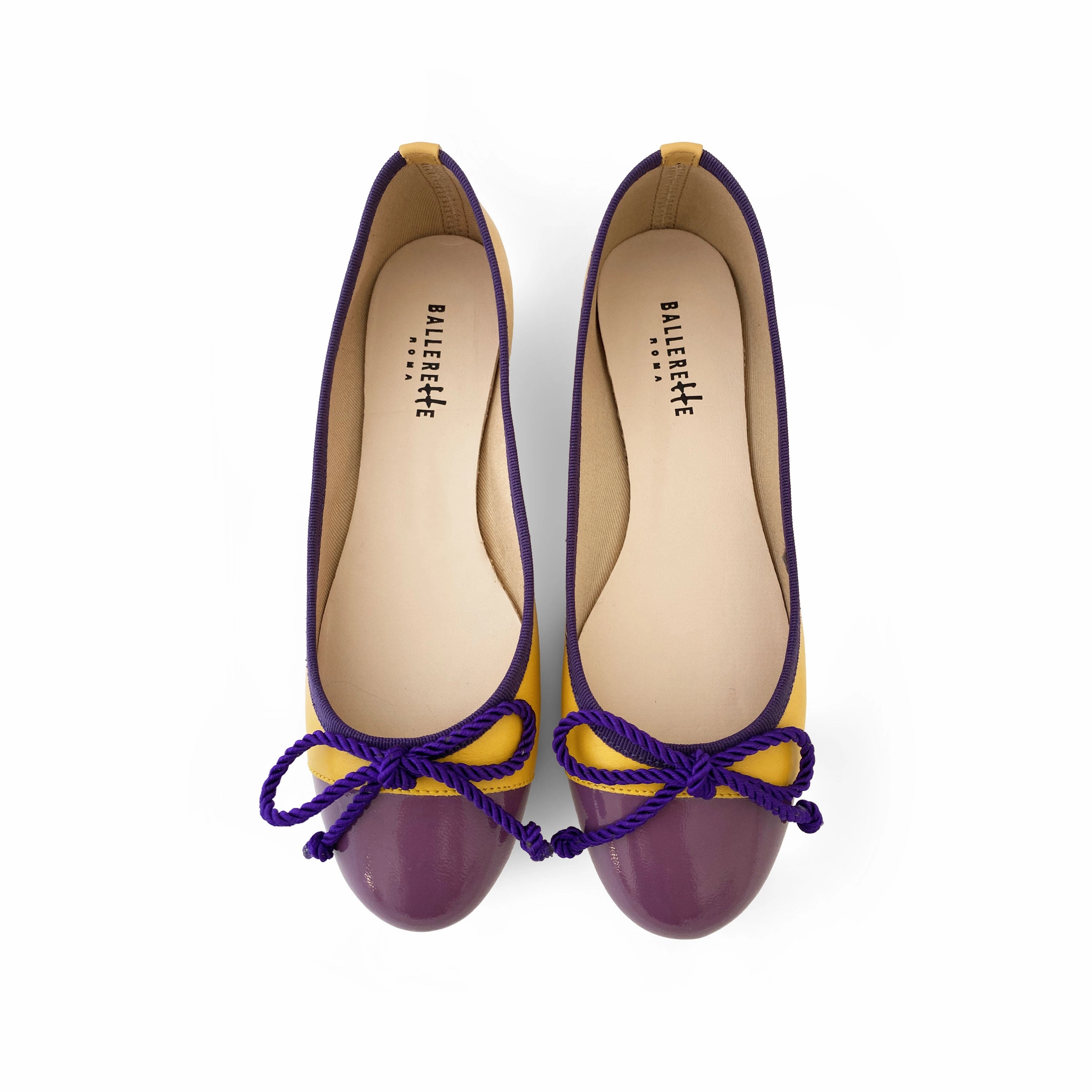 Supportive Flat Shoes Yellow leather ballet flats with purple toe and bow