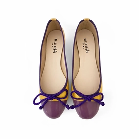 Yellow leather ballet flats with purple toe and bow Foot Pain From Wearing Flat Shoes