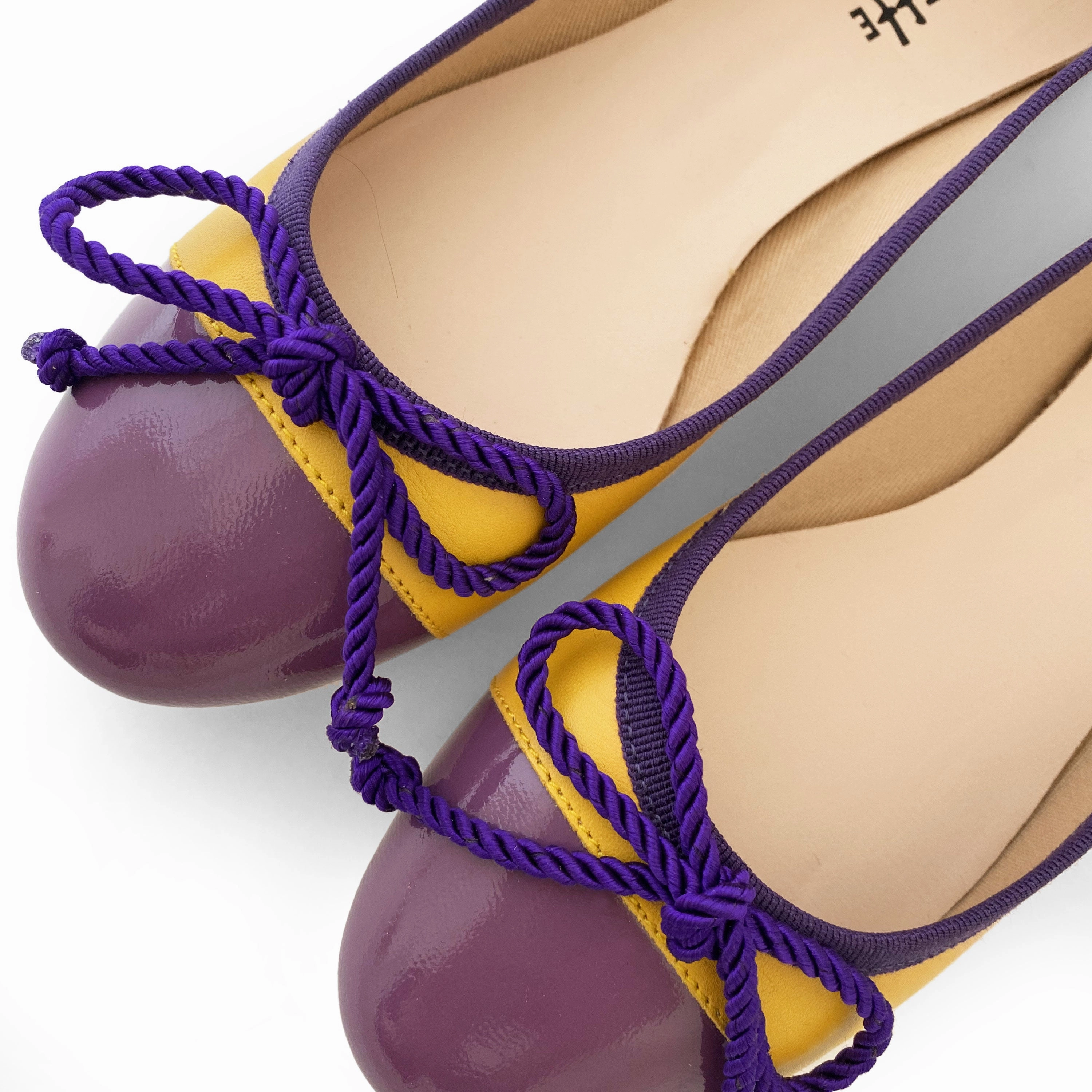 Yellow leather ballet flats with purple toe and bow Doll Shoes For Flat Feet