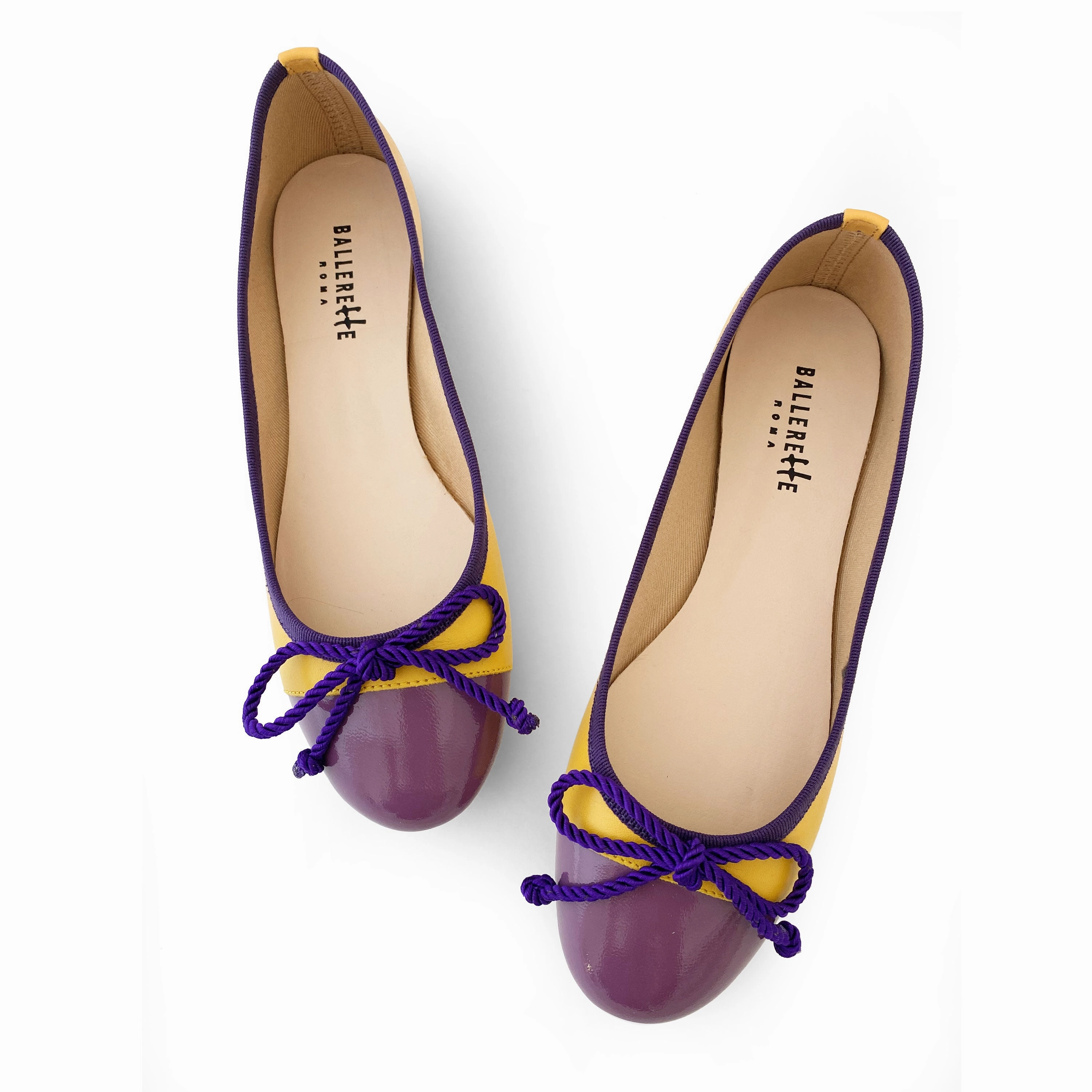 Flat Cross Training Shoes Yellow leather ballet flats with purple toe and bow
