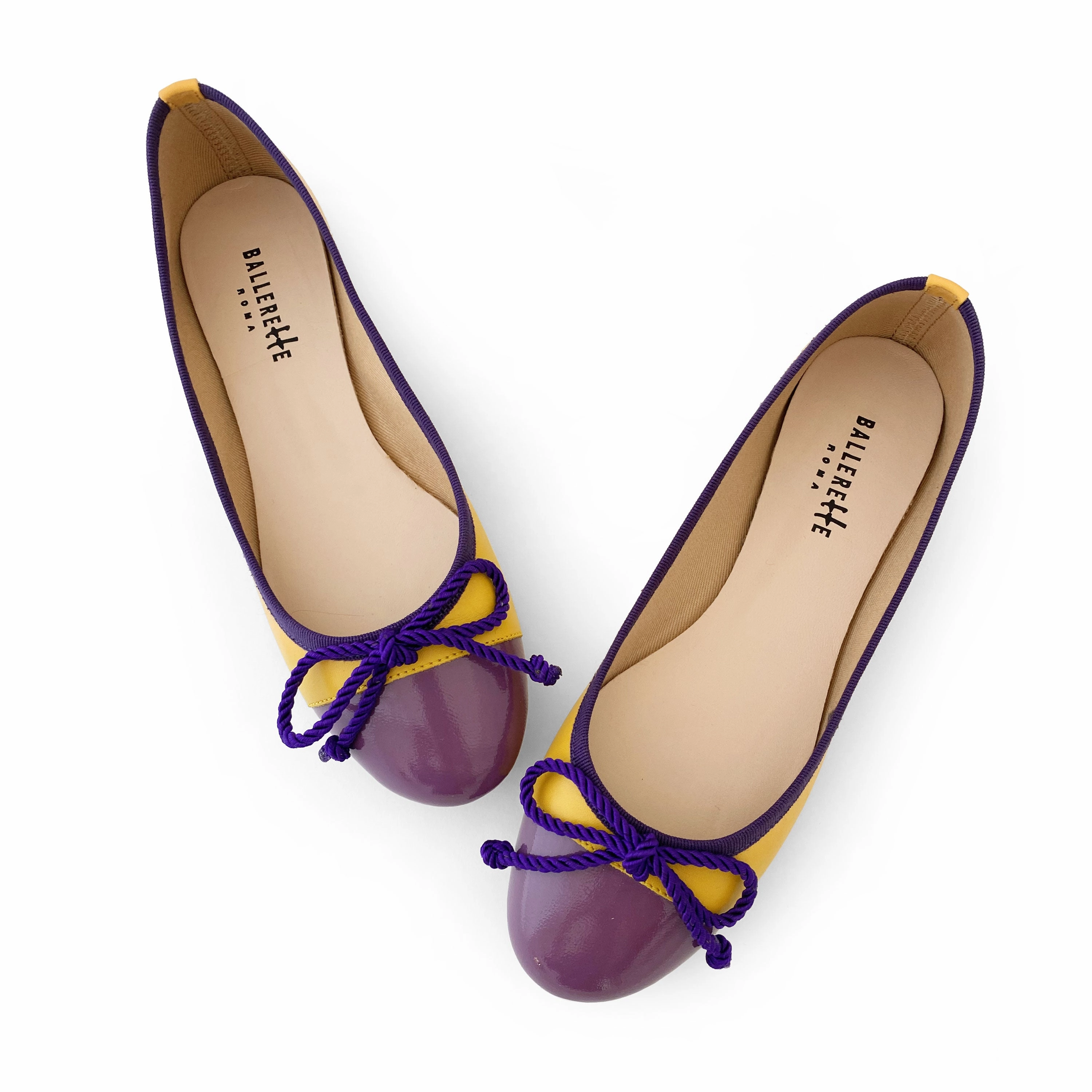 Yellow leather ballet flats with purple toe and bow Flat Shoes With Tassels