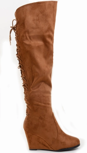 Space Rain Boots Lace Detailing Camel Over The Knee Wedge Boots Vegan Suede