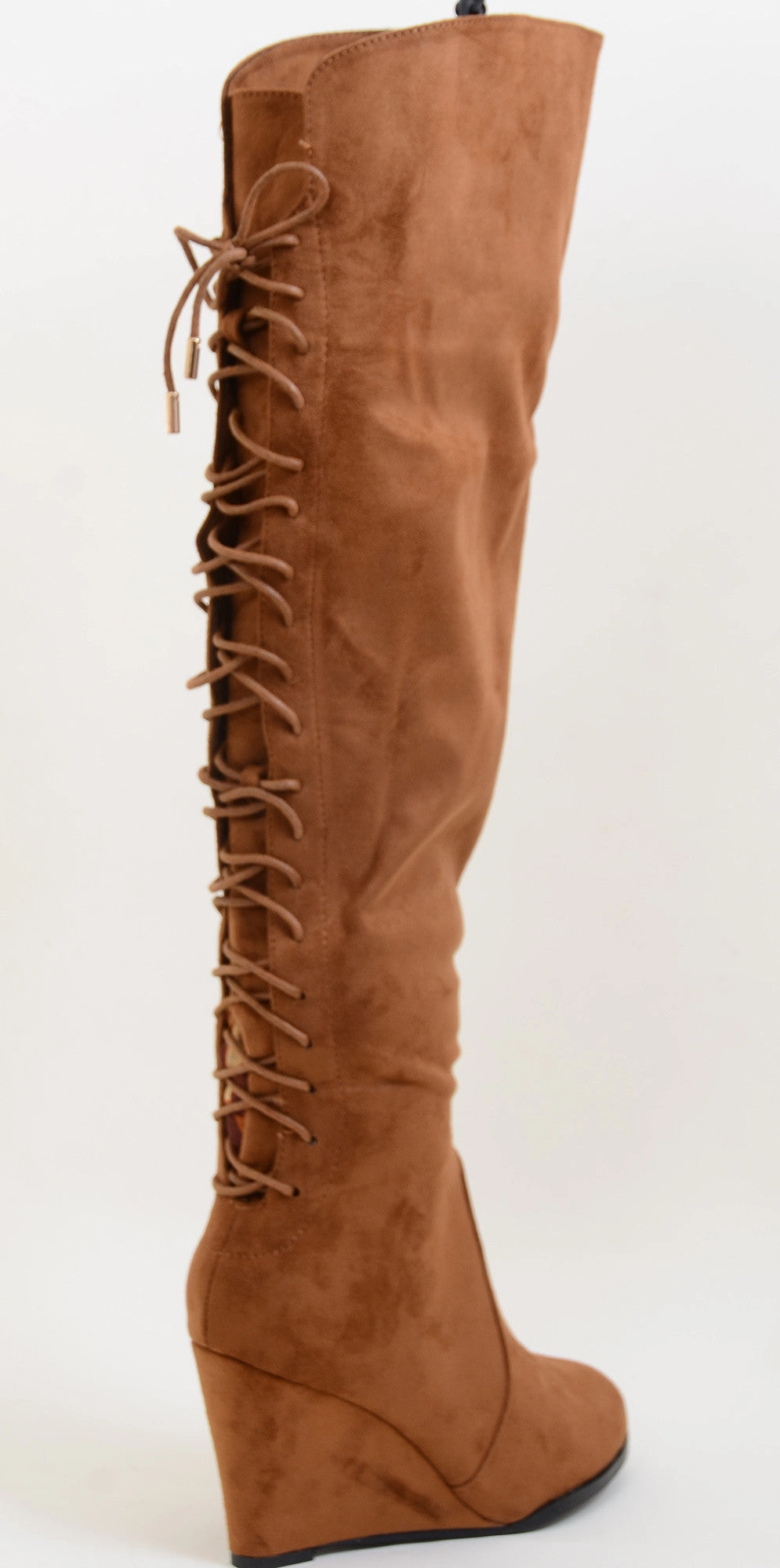 Lace Detailing Camel Over The Knee Wedge Boots Vegan Suede Xtra Tuff Rain Boots