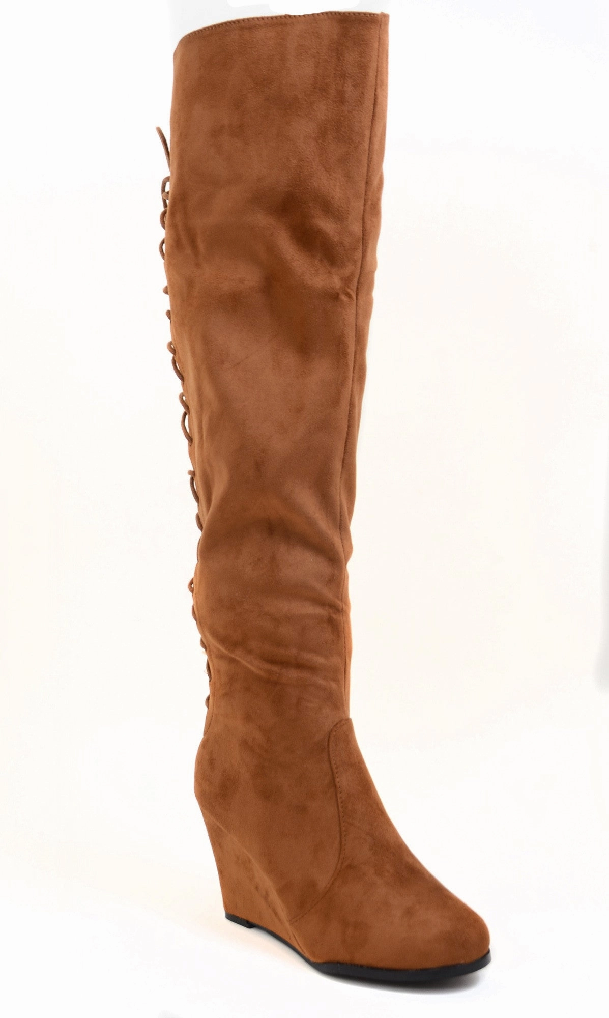Low Ankle Rain Boots Lace Detailing Camel Over The Knee Wedge Boots Vegan Suede