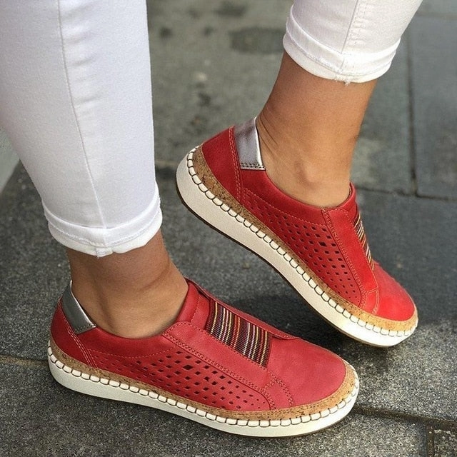 2019 Hollow Out Women Shoes Hand-stitched Striped Breathable Elastic Band Retro Casual Flat Suitable for Wide Leg Women Sneaker