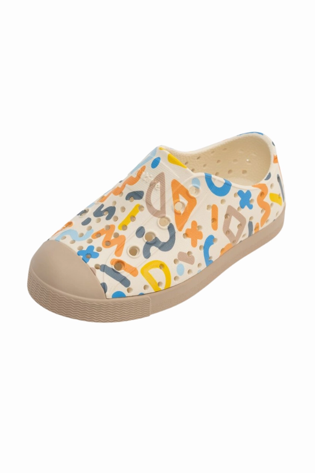 Native Jefferson Sugarlite Print Child - Bone White/Flax Tan/Apricot Squiggle Tennis Shoes Tennis Shoes
