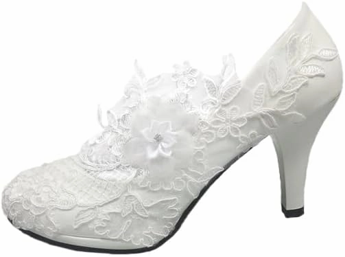 Dress First Wedding Shoes for Bride Women Pump Faux Leather High Heel Closed Toe Flower Rhinestone Lace Elegant Slip On Shoes Summer Shoes