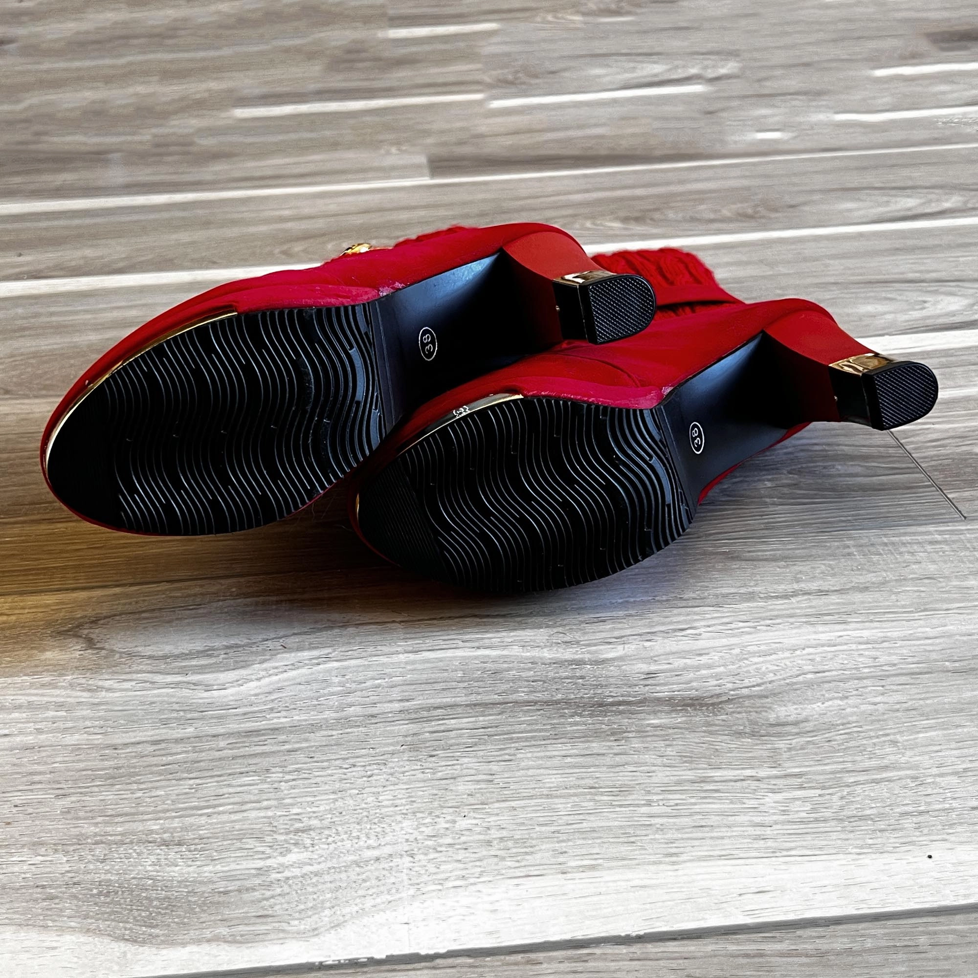 BBLAN Red Suede Fashion Booties with Leg Warmers. Size: US 7.5, EU-28. Puncture Proof Work Boots