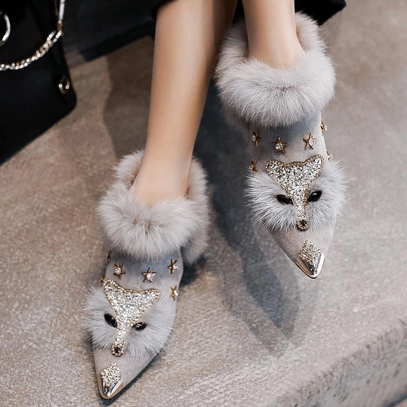 Women Rabbit Fur Snow Boots Autumn Winter Fashion Ladies Metal Pointed Toe Shoes Female Plush Thick Heel Ankle Boots High heels Style And Co Snow Boots