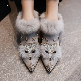 Women Rabbit Fur Snow Boots Autumn Winter Fashion Ladies Metal Pointed Toe Shoes Female Plush Thick Heel Ankle Boots High heels Warmest Waterproof Snow Boots